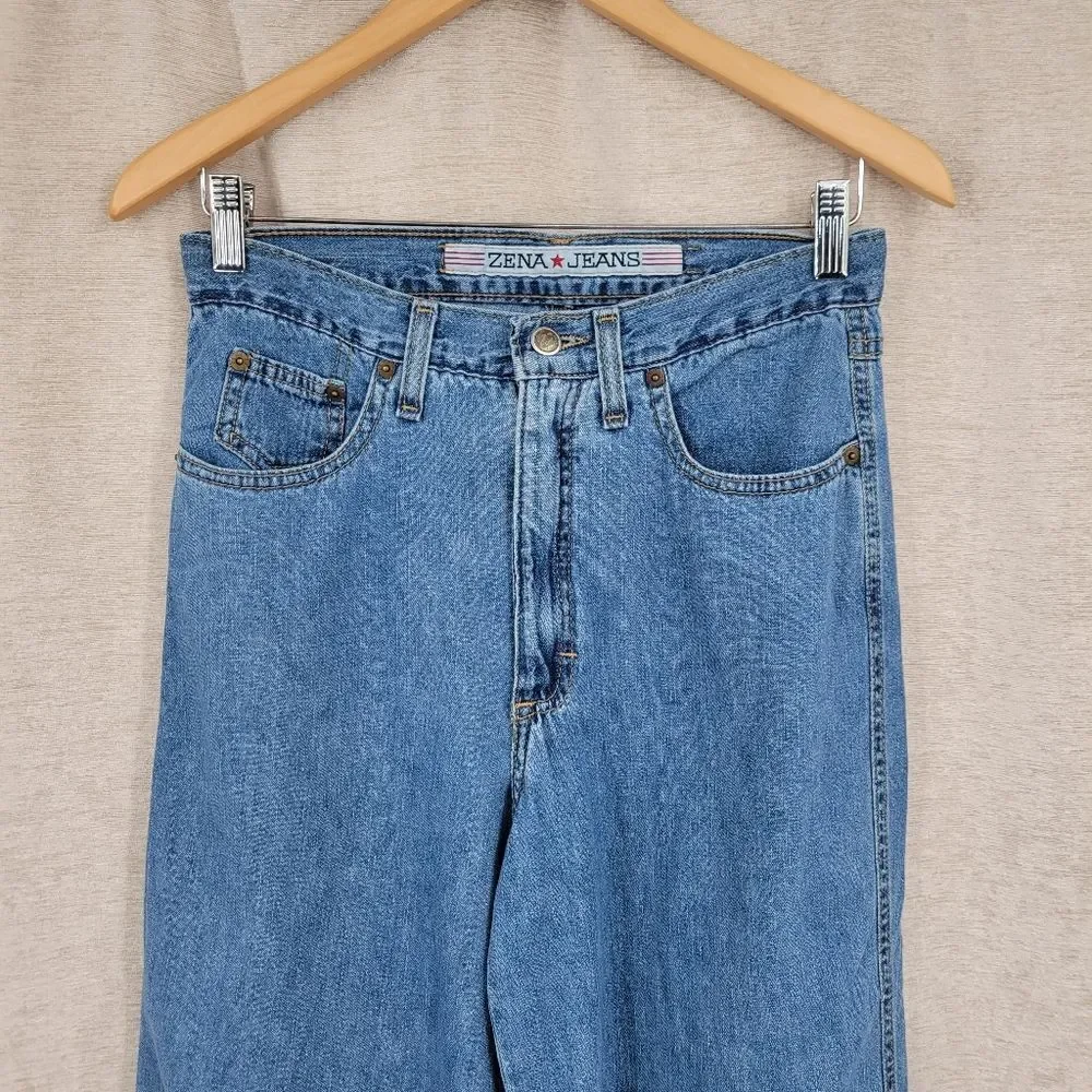 Zena Vintage Wide Straight Leg Blue Denim Jeans Back Waist Cinch Tab Baggy 90s